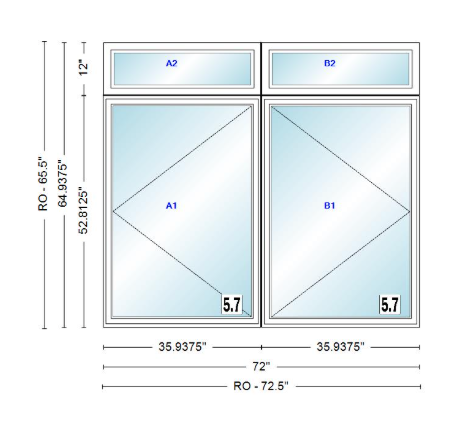 ANDERSEN Windows 400 Series Twin Casement With Twin Casement Transom 72" Wide Vinyl Exterior Wood Interior New Construction Low-E4 Dual Pane Argon Fill Glass Full Screens/Grilles/Tempered Optional