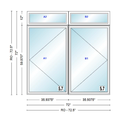 ANDERSEN Windows 400 Series Twin Casement With Twin Casement Transom 72" Wide Vinyl Exterior Wood Interior New Construction Low-E4 Dual Pane Argon Fill Glass Full Screens/Grilles/Tempered Optional