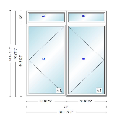 ANDERSEN Windows 400 Series Twin Casement With Twin Casement Transom 72" Wide Vinyl Exterior Wood Interior New Construction Low-E4 Dual Pane Argon Fill Glass Full Screens/Grilles/Tempered Optional