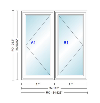 ANDERSEN Windows 400 Series Twin Casement 34-1/8" Wide Vinyl Exterior Wood Interior New Construction Low-E4 Dual Pane Argon Fill Glass Full Screens/Grilles/Tempered Optional