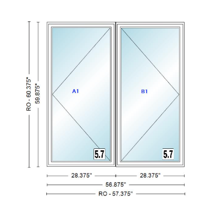 ANDERSEN Windows 400 Series Twin Casement 56-7/8" Wide Vinyl Exterior Wood Interior New Construction Low-E4 Dual Pane Argon Fill Glass Full Screens/Grilles/Tempered Optional