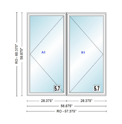 ANDERSEN Windows 400 Series Twin Casement 56-7/8" Wide Vinyl Exterior Wood Interior New Construction Low-E4 Dual Pane Argon Fill Glass Full Screens/Grilles/Tempered Optional