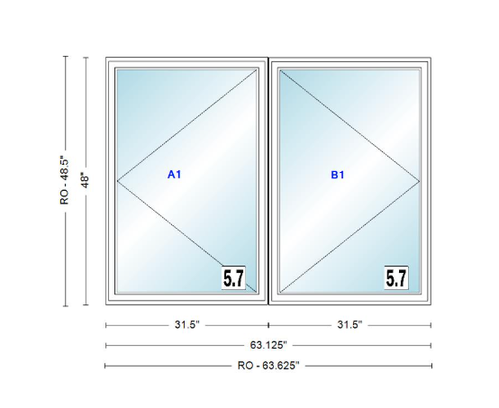 ANDERSEN Windows 400 Series Twin Casement 63-1/8" Wide Vinyl Exterior Wood Interior New Construction Low-E4 Dual Pane Argon Fill Glass Full Screens/Grilles/Tempered Optional