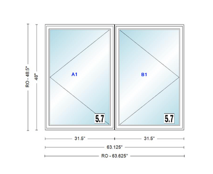 ANDERSEN Windows 400 Series Twin Casement 63-1/8" Wide Vinyl Exterior Wood Interior New Construction Low-E4 Dual Pane Argon Fill Glass Full Screens/Grilles/Tempered Optional