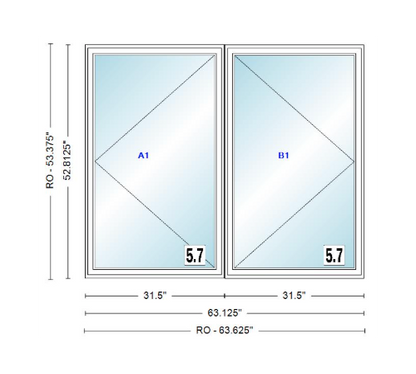 ANDERSEN Windows 400 Series Twin Casement 63-1/8" Wide Vinyl Exterior Wood Interior New Construction Low-E4 Dual Pane Argon Fill Glass Full Screens/Grilles/Tempered Optional