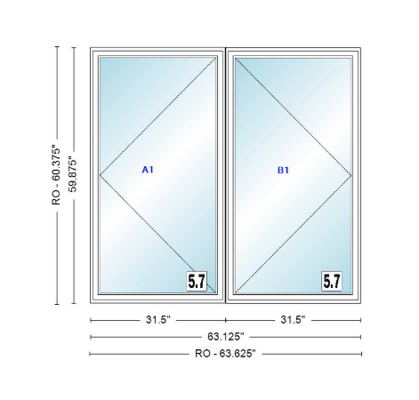 ANDERSEN Windows 400 Series Twin Casement 63-1/8" Wide Vinyl Exterior Wood Interior New Construction Low-E4 Dual Pane Argon Fill Glass Full Screens/Grilles/Tempered Optional