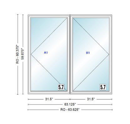 ANDERSEN Windows 400 Series Twin Casement 63-1/8" Wide Vinyl Exterior Wood Interior New Construction Low-E4 Dual Pane Argon Fill Glass Full Screens/Grilles/Tempered Optional