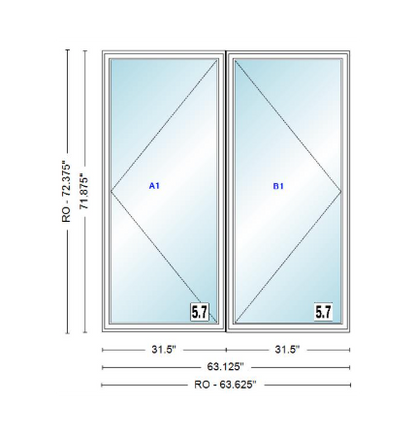 ANDERSEN Windows 400 Series Twin Casement 63-1/8" Wide Vinyl Exterior Wood Interior New Construction Low-E4 Dual Pane Argon Fill Glass Full Screens/Grilles/Tempered Optional