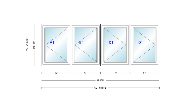 ANDERSEN Windows 400 Series Quad Casement 68-3/8" Wide Vinyl Exterior Wood Interior Low-E4 Dual Pane Argon Fill Glass CR12-4 CR125-4 CR13-4 CR135-4 CR14-4 CR145-4 CR15-4 CR155-4 Or CR16-4