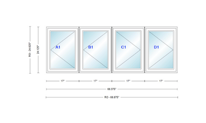 ANDERSEN Windows 400 Series LLRR Quad Casement Casement 68-3/8" Wide Vinyl Exterior Wood Interior New Construction Low-E4 Dual Pane Argon Fill Glass Full Screens/Grilles/Tempered Optional