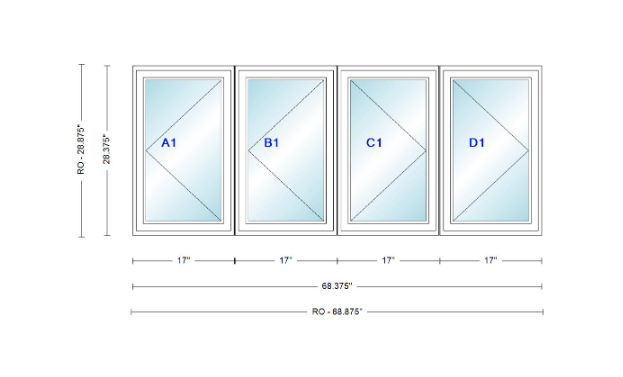 ANDERSEN Windows 400 Series LLRR Quad Casement Casement 68-3/8" Wide Vinyl Exterior Wood Interior New Construction Low-E4 Dual Pane Argon Fill Glass Full Screens/Grilles/Tempered Optional