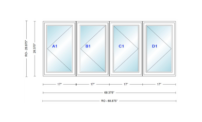 ANDERSEN Windows 400 Series LLRR Quad Casement Casement 68-3/8" Wide Vinyl Exterior Wood Interior New Construction Low-E4 Dual Pane Argon Fill Glass Full Screens/Grilles/Tempered Optional