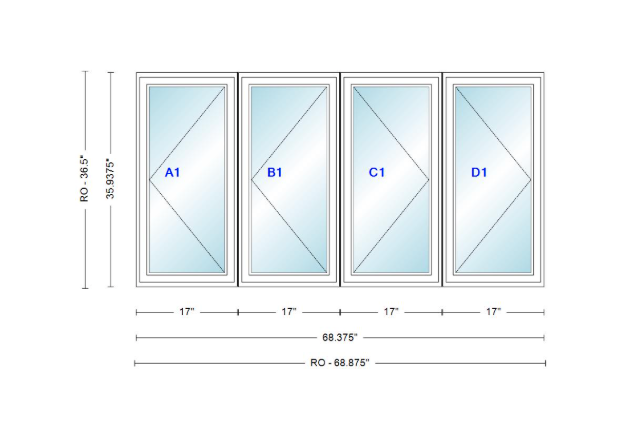 ANDERSEN Windows 400 Series LLRR Quad Casement Casement 68-3/8" Wide Vinyl Exterior Wood Interior New Construction Low-E4 Dual Pane Argon Fill Glass Full Screens/Grilles/Tempered Optional