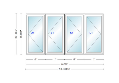 ANDERSEN Windows 400 Series LLRR Quad Casement Casement 68-3/8" Wide Vinyl Exterior Wood Interior New Construction Low-E4 Dual Pane Argon Fill Glass Full Screens/Grilles/Tempered Optional