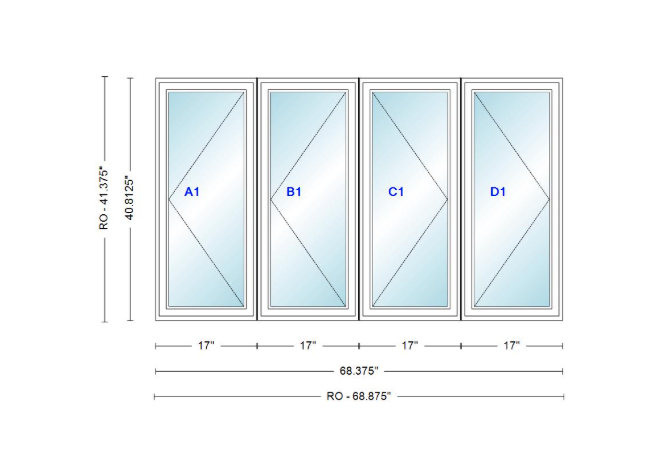 ANDERSEN Windows 400 Series LLRR Quad Casement Casement 68-3/8" Wide Vinyl Exterior Wood Interior New Construction Low-E4 Dual Pane Argon Fill Glass Full Screens/Grilles/Tempered Optional