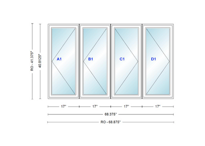 ANDERSEN Windows 400 Series LLRR Quad Casement Casement 68-3/8" Wide Vinyl Exterior Wood Interior New Construction Low-E4 Dual Pane Argon Fill Glass Full Screens/Grilles/Tempered Optional