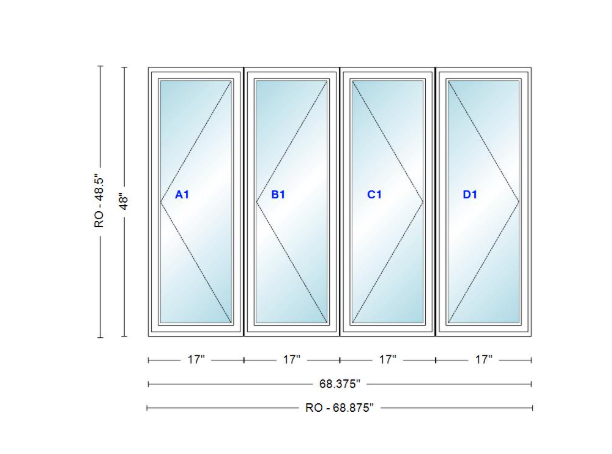 ANDERSEN Windows 400 Series LLRR Quad Casement Casement 68-3/8" Wide Vinyl Exterior Wood Interior New Construction Low-E4 Dual Pane Argon Fill Glass Full Screens/Grilles/Tempered Optional