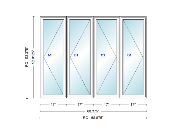 ANDERSEN Windows 400 Series LLRR Quad Casement Casement 68-3/8" Wide Vinyl Exterior Wood Interior New Construction Low-E4 Dual Pane Argon Fill Glass Full Screens/Grilles/Tempered Optional