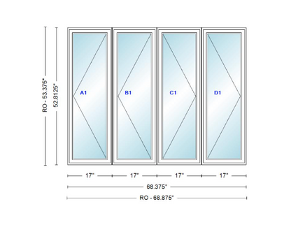 ANDERSEN Windows 400 Series LLRR Quad Casement Casement 68-3/8" Wide Vinyl Exterior Wood Interior New Construction Low-E4 Dual Pane Argon Fill Glass Full Screens/Grilles/Tempered Optional