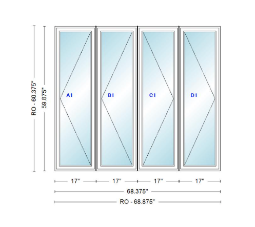 ANDERSEN Windows 400 Series LLRR Quad Casement Casement 68-3/8" Wide Vinyl Exterior Wood Interior New Construction Low-E4 Dual Pane Argon Fill Glass Full Screens/Grilles/Tempered Optional