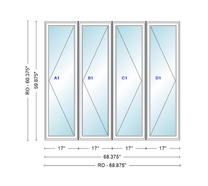 ANDERSEN Windows 400 Series LLRR Quad Casement Casement 68-3/8" Wide Vinyl Exterior Wood Interior New Construction Low-E4 Dual Pane Argon Fill Glass Full Screens/Grilles/Tempered Optional