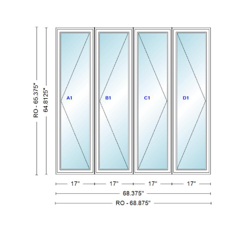 ANDERSEN Windows 400 Series LLRR Quad Casement Casement 68-3/8" Wide Vinyl Exterior Wood Interior New Construction Low-E4 Dual Pane Argon Fill Glass Full Screens/Grilles/Tempered Optional