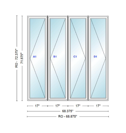 ANDERSEN Windows 400 Series LLRR Quad Casement Casement 68-3/8" Wide Vinyl Exterior Wood Interior New Construction Low-E4 Dual Pane Argon Fill Glass Full Screens/Grilles/Tempered Optional