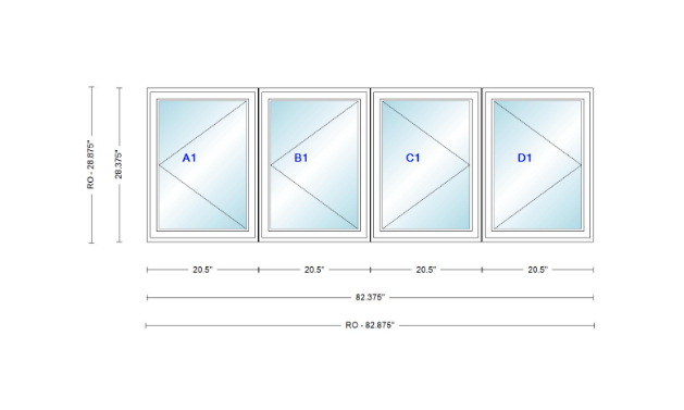 ANDERSEN Windows 400 Series LLRR Quad Casement Casement 82-3/8" Wide Vinyl Exterior Wood Interior New Construction Low-E4 Dual Pane Argon Fill Glass Full Screens/Grilles/Tempered Optional