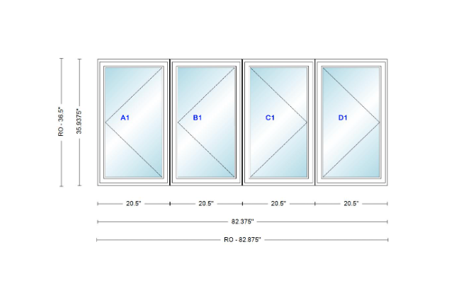 ANDERSEN Windows 400 Series LLRR Quad Casement Casement 82-3/8" Wide Vinyl Exterior Wood Interior New Construction Low-E4 Dual Pane Argon Fill Glass Full Screens/Grilles/Tempered Optional