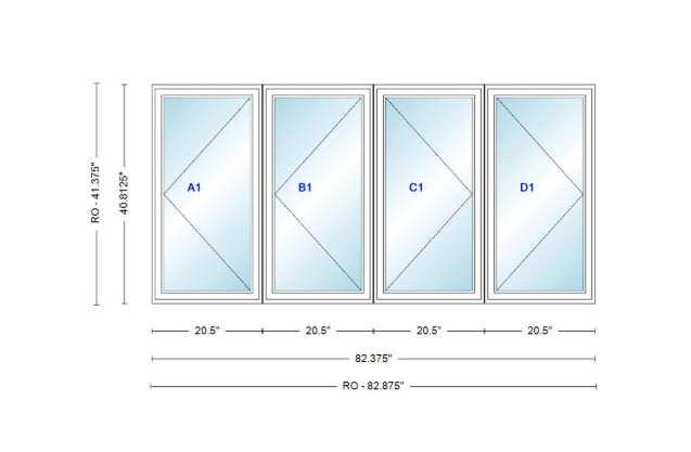 ANDERSEN Windows 400 Series LLRR Quad Casement Casement 82-3/8" Wide Vinyl Exterior Wood Interior New Construction Low-E4 Dual Pane Argon Fill Glass Full Screens/Grilles/Tempered Optional