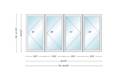 ANDERSEN Windows 400 Series LLRR Quad Casement Casement 82-3/8" Wide Vinyl Exterior Wood Interior New Construction Low-E4 Dual Pane Argon Fill Glass Full Screens/Grilles/Tempered Optional