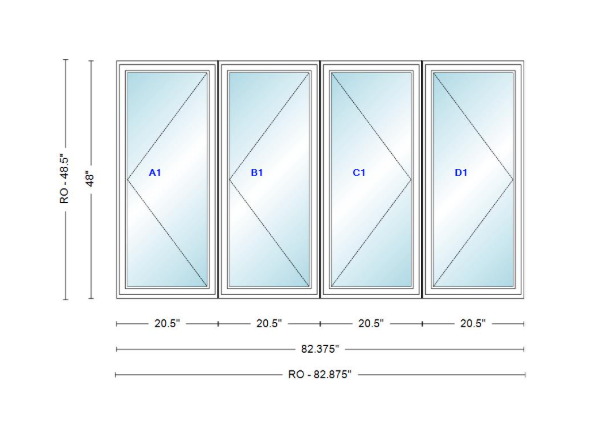 ANDERSEN Windows 400 Series LLRR Quad Casement Casement 82-3/8" Wide Vinyl Exterior Wood Interior New Construction Low-E4 Dual Pane Argon Fill Glass Full Screens/Grilles/Tempered Optional