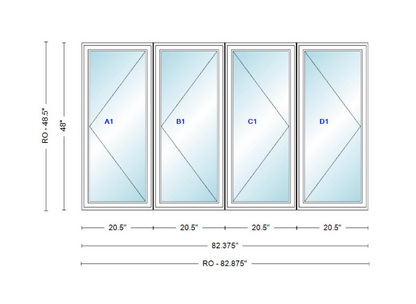 ANDERSEN Windows 400 Series LLRR Quad Casement Casement 82-3/8" Wide Vinyl Exterior Wood Interior New Construction Low-E4 Dual Pane Argon Fill Glass Full Screens/Grilles/Tempered Optional