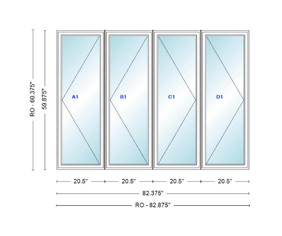 ANDERSEN Windows 400 Series LLRR Quad Casement Casement 82-3/8" Wide Vinyl Exterior Wood Interior New Construction Low-E4 Dual Pane Argon Fill Glass Full Screens/Grilles/Tempered Optional
