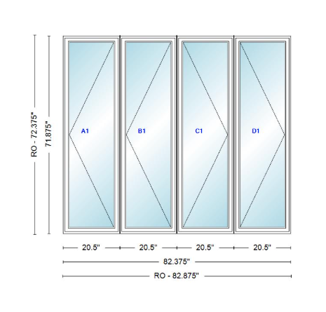 ANDERSEN Windows 400 Series LLRR Quad Casement Casement 82-3/8" Wide Vinyl Exterior Wood Interior New Construction Low-E4 Dual Pane Argon Fill Glass Full Screens/Grilles/Tempered Optional