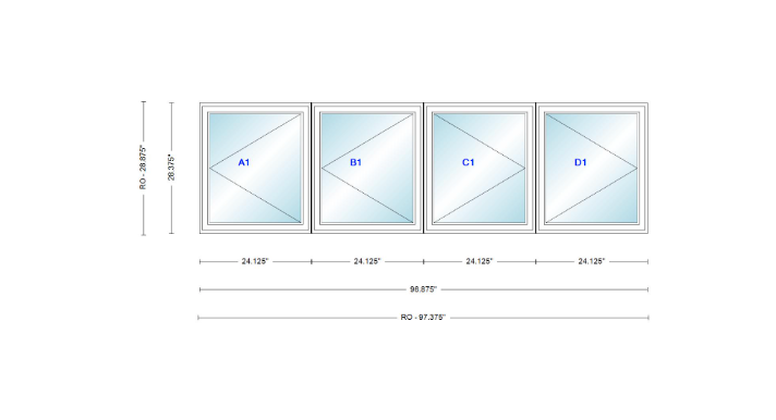 ANDERSEN Windows 400 Series LLRR Quad Casement Casement 96-7/8" Wide Vinyl Exterior Wood Interior New Construction Low-E4 Dual Pane Argon Fill Glass Full Screens/Grilles/Tempered Optional