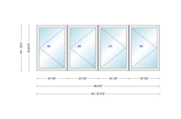 ANDERSEN Windows 400 Series LLRR Quad Casement Casement 96-7/8" Wide Vinyl Exterior Wood Interior New Construction Low-E4 Dual Pane Argon Fill Glass Full Screens/Grilles/Tempered Optional