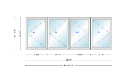 ANDERSEN Windows 400 Series LLRR Quad Casement Casement 96-7/8" Wide Vinyl Exterior Wood Interior New Construction Low-E4 Dual Pane Argon Fill Glass Full Screens/Grilles/Tempered Optional