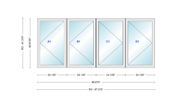 ANDERSEN Windows 400 Series LLRR Quad Casement Casement 96-7/8" Wide Vinyl Exterior Wood Interior New Construction Low-E4 Dual Pane Argon Fill Glass Full Screens/Grilles/Tempered Optional