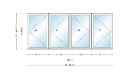 ANDERSEN Windows 400 Series LLRR Quad Casement Casement 96-7/8" Wide Vinyl Exterior Wood Interior New Construction Low-E4 Dual Pane Argon Fill Glass Full Screens/Grilles/Tempered Optional