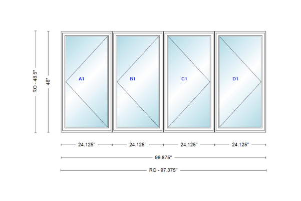 ANDERSEN Windows 400 Series LLRR Quad Casement Casement 96-7/8" Wide Vinyl Exterior Wood Interior New Construction Low-E4 Dual Pane Argon Fill Glass Full Screens/Grilles/Tempered Optional