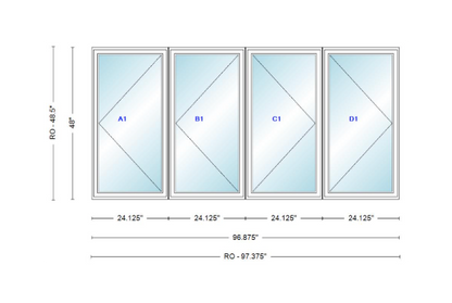 ANDERSEN Windows 400 Series LLRR Quad Casement Casement 96-7/8" Wide Vinyl Exterior Wood Interior New Construction Low-E4 Dual Pane Argon Fill Glass Full Screens/Grilles/Tempered Optional