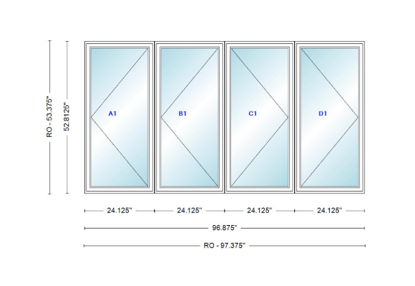 ANDERSEN Windows 400 Series LLRR Quad Casement Casement 96-7/8" Wide Vinyl Exterior Wood Interior New Construction Low-E4 Dual Pane Argon Fill Glass Full Screens/Grilles/Tempered Optional