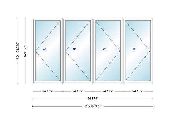 ANDERSEN Windows 400 Series LLRR Quad Casement Casement 96-7/8" Wide Vinyl Exterior Wood Interior New Construction Low-E4 Dual Pane Argon Fill Glass Full Screens/Grilles/Tempered Optional
