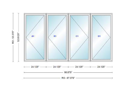 ANDERSEN Windows 400 Series LLRR Quad Casement Casement 96-7/8" Wide Vinyl Exterior Wood Interior New Construction Low-E4 Dual Pane Argon Fill Glass Full Screens/Grilles/Tempered Optional