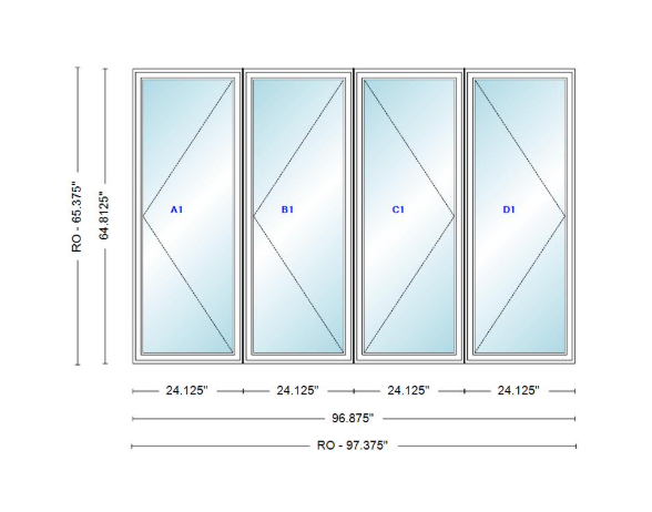 ANDERSEN Windows 400 Series LLRR Quad Casement Casement 96-7/8" Wide Vinyl Exterior Wood Interior New Construction Low-E4 Dual Pane Argon Fill Glass Full Screens/Grilles/Tempered Optional