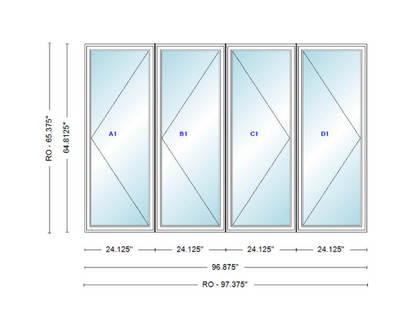 ANDERSEN Windows 400 Series LLRR Quad Casement Casement 96-7/8" Wide Vinyl Exterior Wood Interior New Construction Low-E4 Dual Pane Argon Fill Glass Full Screens/Grilles/Tempered Optional