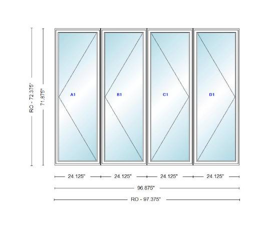 ANDERSEN Windows 400 Series LLRR Quad Casement Casement 96-7/8" Wide Vinyl Exterior Wood Interior New Construction Low-E4 Dual Pane Argon Fill Glass Full Screens/Grilles/Tempered Optional