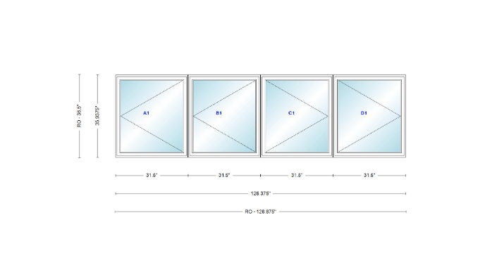ANDERSEN Windows 400 Series LLRR Quad Casement Casement 126-3/8" Wide Vinyl Exterior Wood Interior New Construction Low-E4 Dual Pane Argon Fill Glass Full Screens/Grilles/Tempered Optional