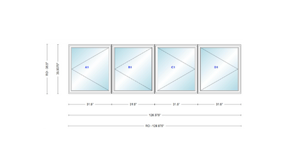 ANDERSEN Windows 400 Series LLRR Quad Casement Casement 126-3/8" Wide Vinyl Exterior Wood Interior New Construction Low-E4 Dual Pane Argon Fill Glass Full Screens/Grilles/Tempered Optional
